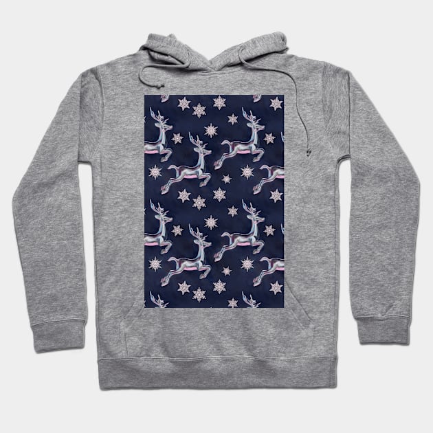 Silver Snowflakes & Happy Reindeer in Navy Blue & Pink Hoodie by micklyn